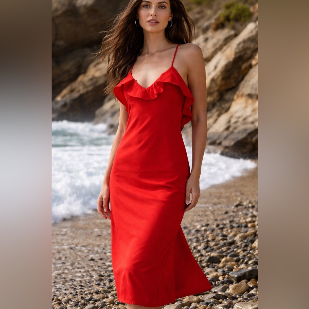 NWT ZARA RUFFLED GABARDINE MIDI DRESS